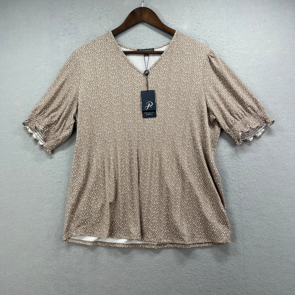 NEW Adrianna Papell Blouse Womens L Taupe White Printed Smocked Puff Sleeve Boho